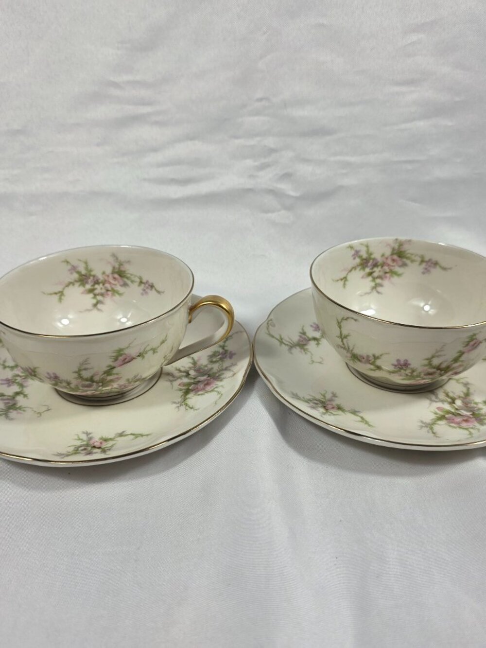 TWO Haviland Rosalinde (New York) Cup & Saucer Sets Pink & Lavendar Flowers